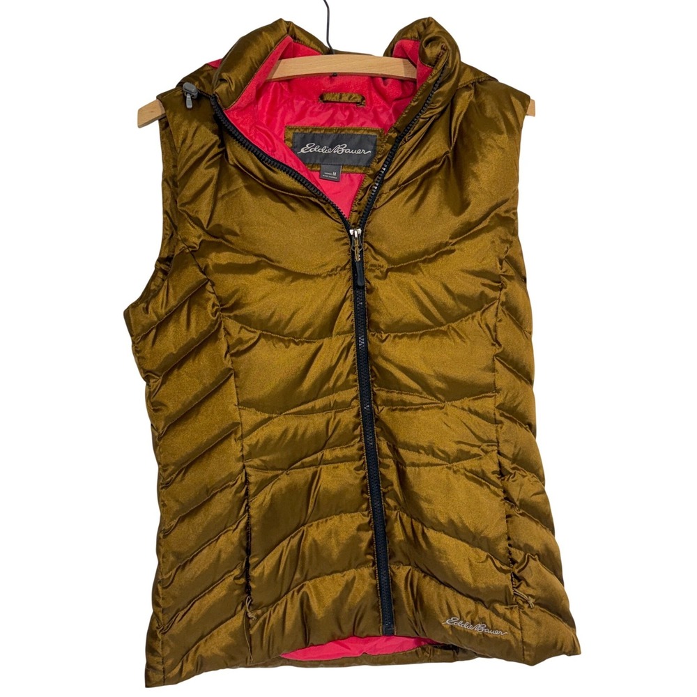 Eddie Bauer EB650 Down Vest Bronze Metallic Pink Lining Hooded Women Medium